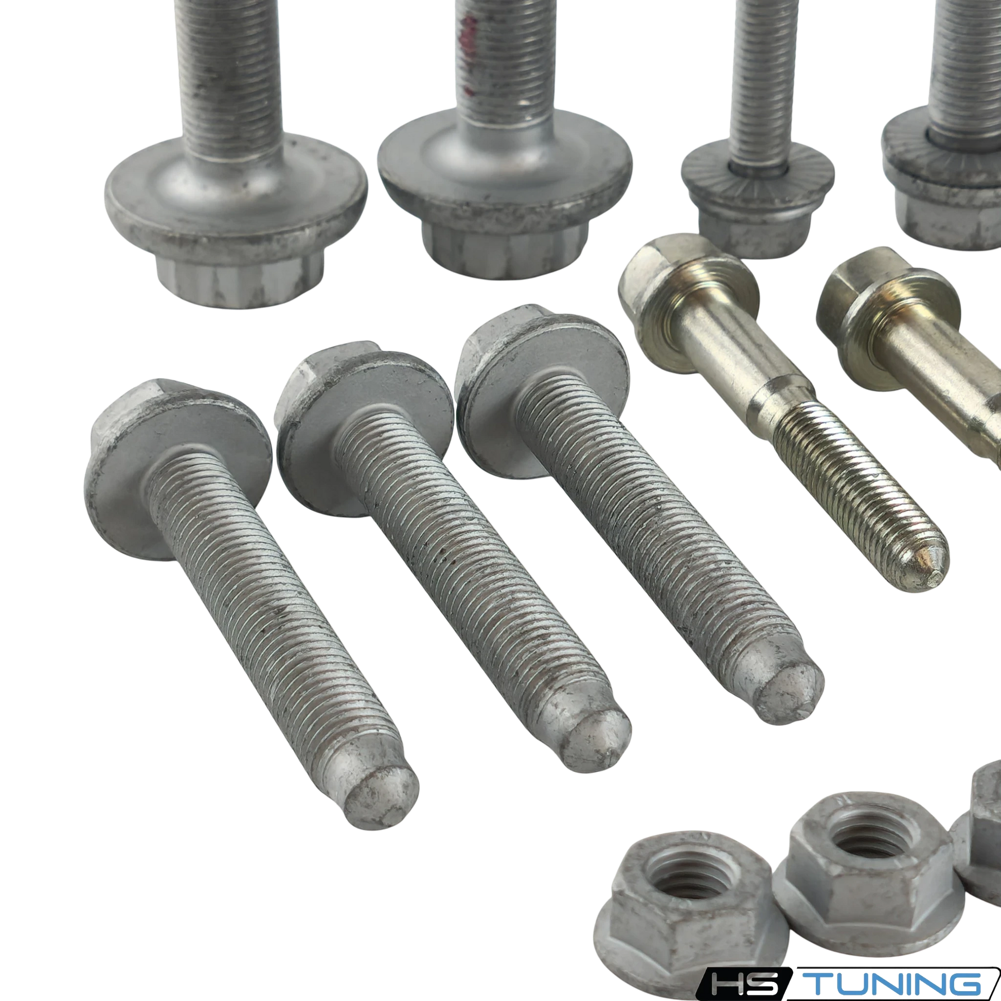 HS Tuning Genuine VW/Audi transmission hardware kit featuring various steel bolts and nuts for Golf GTI and R models.
