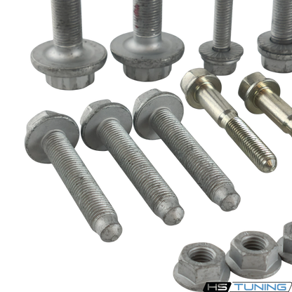 HS Tuning Genuine VW/Audi transmission hardware kit featuring various steel bolts and nuts for Golf GTI and R models.
