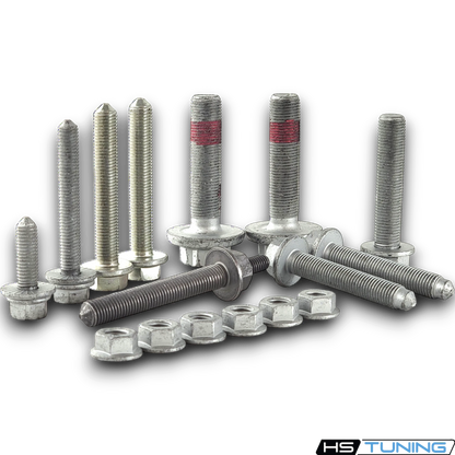 HS Tuning Genuine VW/Audi transmission hardware kit featuring various OEM bolts and nuts for MK5 and MK6 platforms.