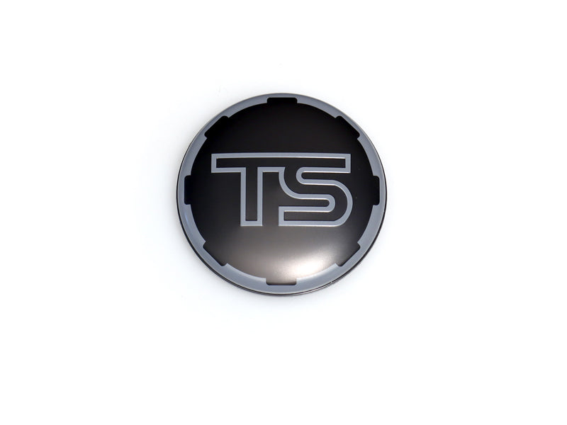 Round metallic emblem with 'TS' logo on a white background